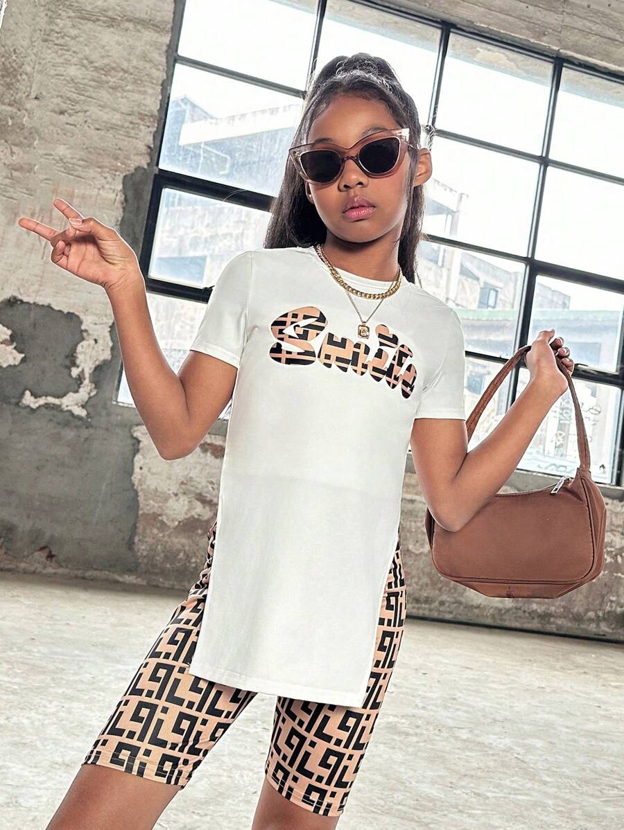 SHEIN Cô gái Tween Mát mẻ Phong cách đường phố Ngắn tay Knit ngọn Với In thư & Quần đùi dệt kim Với Họa tiết Hình học , Mùa xuân/Mùa hè - Nhiều màu - Xem 1