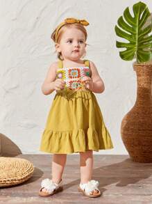 SHEIN Baby Girl's Casual Vacation Colorful Crochet Patchwork Ruffle Hem Spaghetti Strap Dress - Yellow - View 3