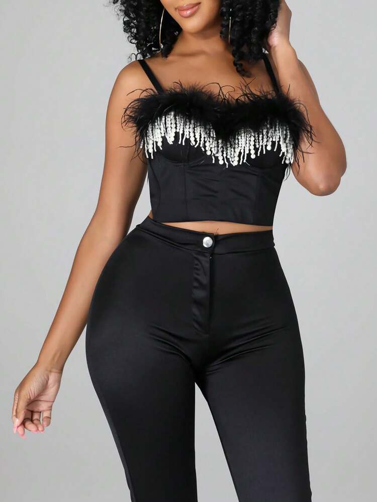 Elegant Music Festival Top Pearl Tassel Suspension Short Black Knitted Women's Bodycon Mini Tank Top