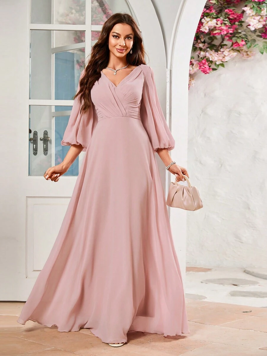 Elegant Solid Color V-Neck Lantern Sleeve Chiffon Bridesmaid Dress