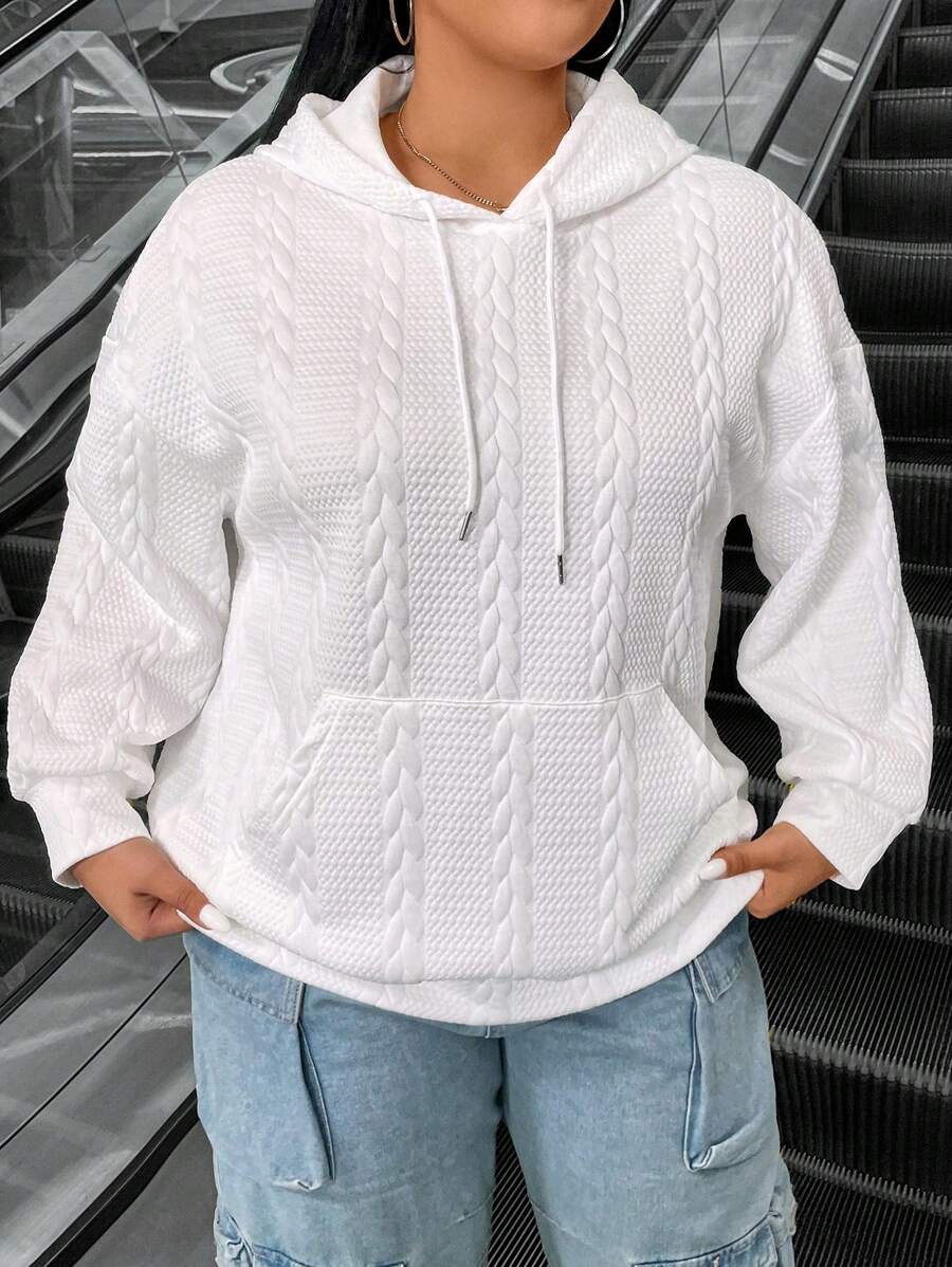 SHEIN LUNE Áo nỉ cổ rộng màu trơn, vai rớt, có dây rút - trắng - Xem 1