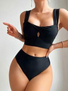 Women's Cross Back Wide Straps Two Pieces Bikini Set Summer Beach - Black - View 1