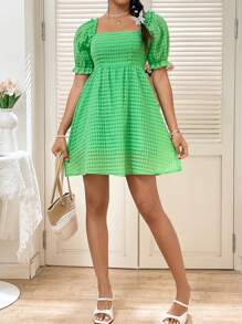 SHEIN Unity Women Dresses Frill Ruffle Shirred Plain Casual - Hijau - View 6