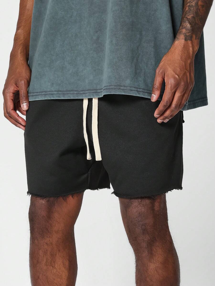 SUMWON Drop Crotch Raw Edge Short - Black - View 1