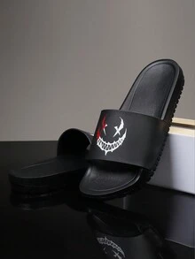 Men's Casual Simple Black Summer Slippers With Open Toe & Cartoon Laughing Face Print Colorblock Eva Fashion Slippers - Black - View 1