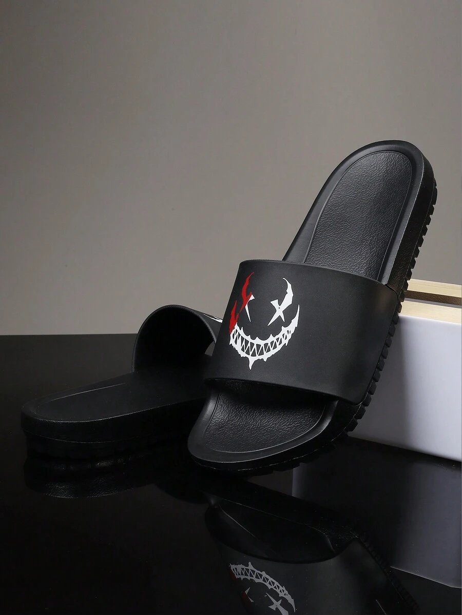 Men's Casual Simple Black Summer Slippers With Open Toe & Cartoon Laughing Face Print Colorblock Eva Fashion Slippers - Black - View 1