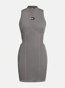 Teen Girls' Sleeveless Knitted Dress With Embellished Rhinestone Letter Stand Collarline - Grey - View 1