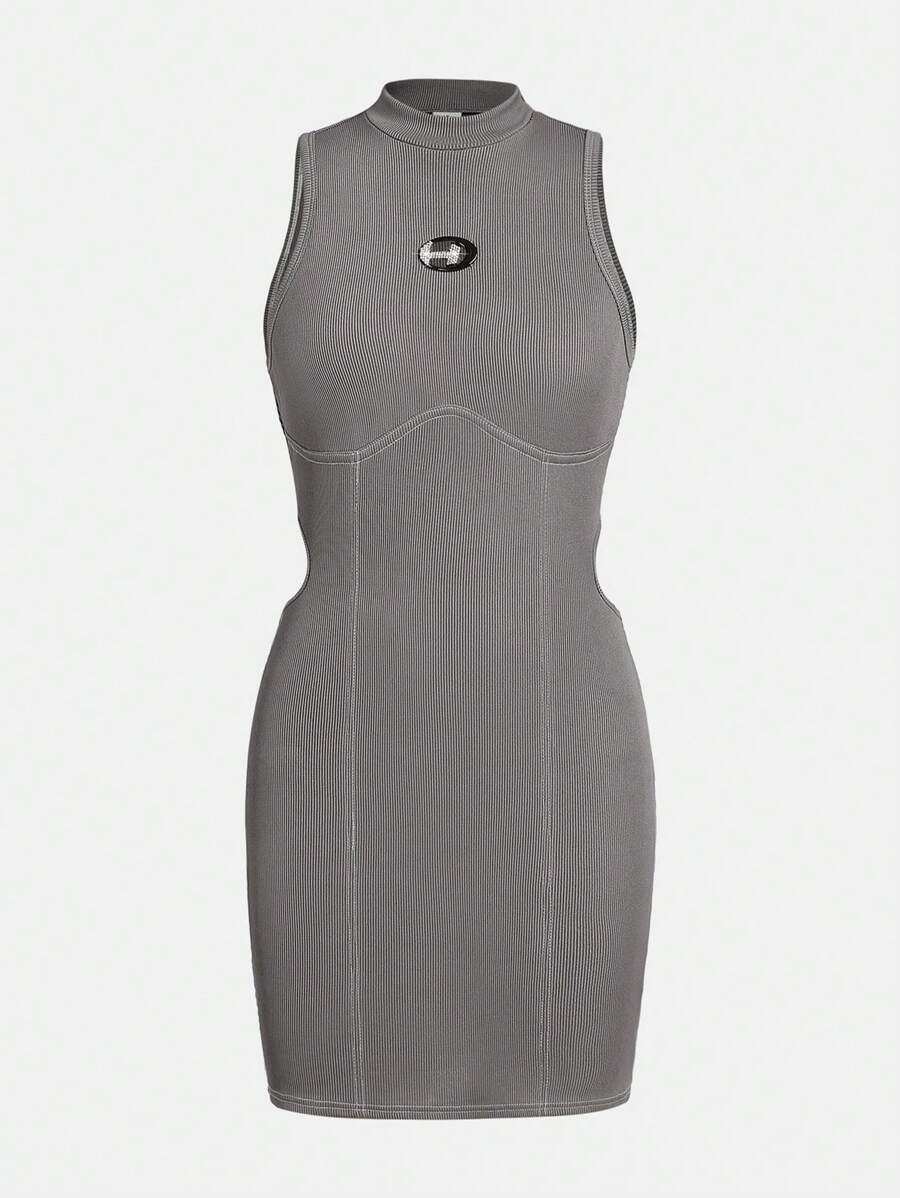 Teen Girls' Sleeveless Knitted Dress With Embellished Rhinestone Letter Stand Collarline - Grey - View 1