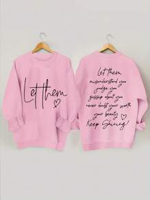 SHEIN EZwear Kích thước lớn Vòng cổ Lông cừu Áo nỉ Với In Khẩu hiệu - Hồng - Xem 1