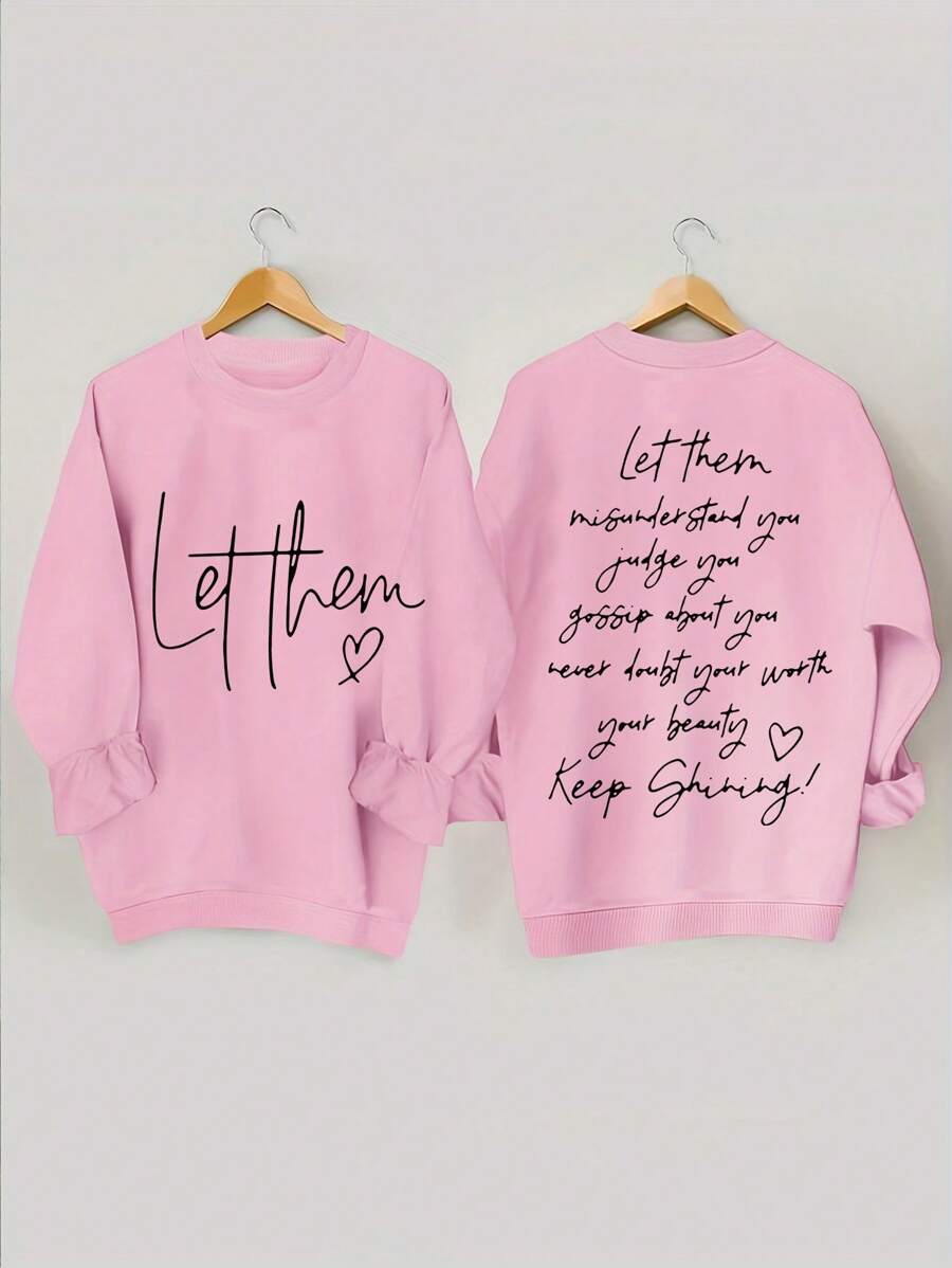 SHEIN EZwear Kích thước lớn Vòng cổ Lông cừu Áo nỉ Với In Khẩu hiệu - Hồng - Xem 1