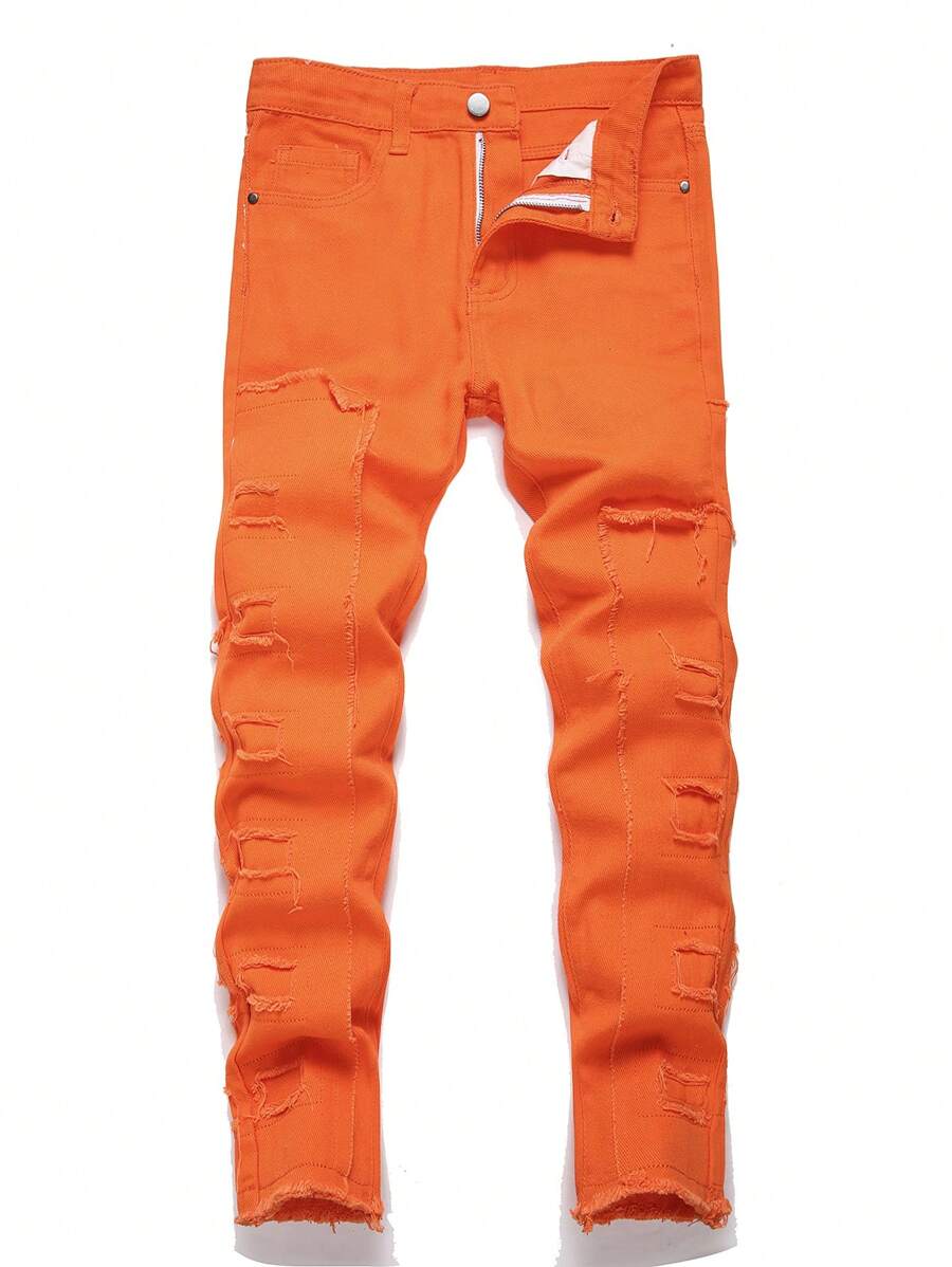 Boys' Fashionable Spliced Fringed Denim Jeans - Orange - View 1