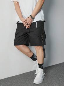 Manfinity Hypemode 男士寬鬆版式帶抽繩腰的貨物短褲 - 黑色 - 查看 7