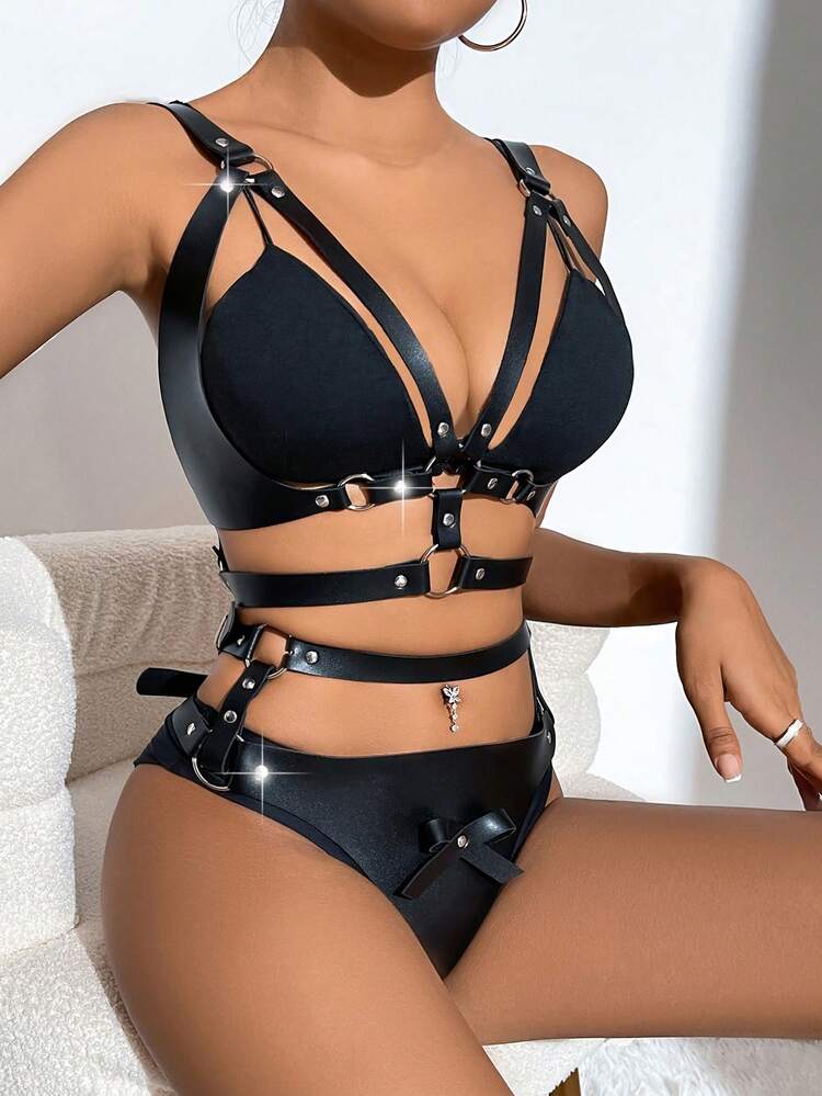 Women's Sexy Leather Lingerie Set With Ring Connectors, 2pcs