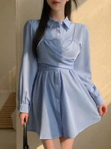 DAZY 女式长袖衬衫式短裙，秋季连衣裙 - 藍色 - 查看 8