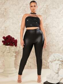 SHEIN BAE Plus Size Women's Glamorous Sheer Fishnet Halter Top With Diamond Decoration For Club & Festival