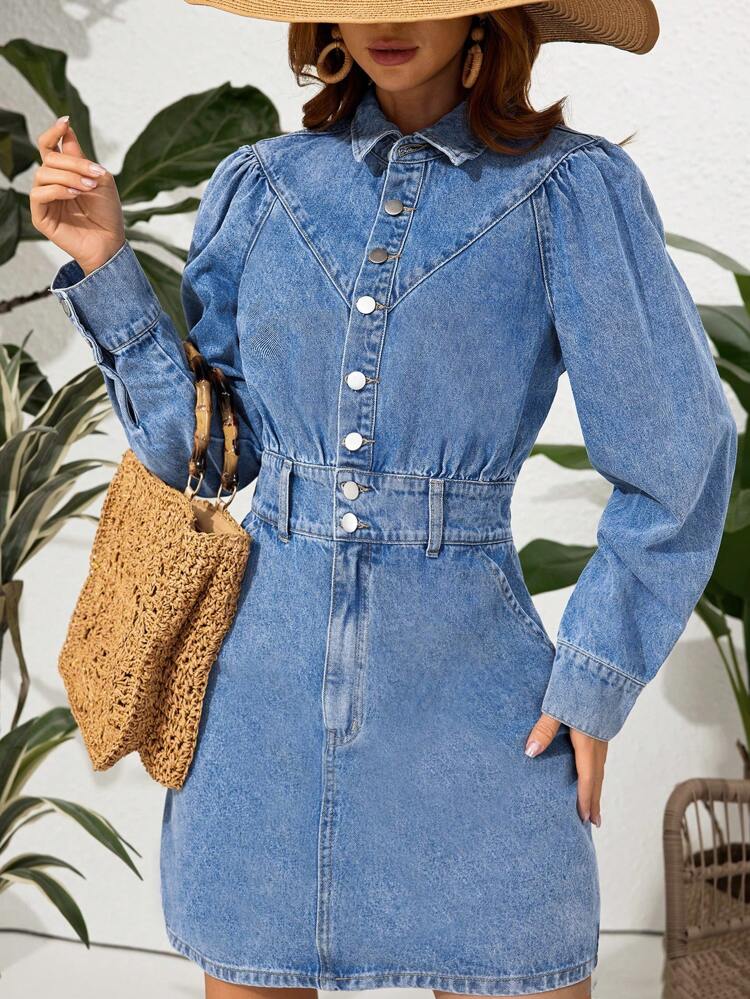 Women's Puff Long Sleeve Denim Shirt Dress