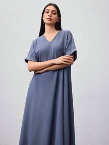 Seusyu Ladies' Solid Color Batwing Sleeve Dress - Dusty Blue - View 6