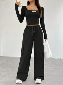 SHEIN EZwear Slim-fit T-shirt met patchwork, vierkante kraag en cargobroek