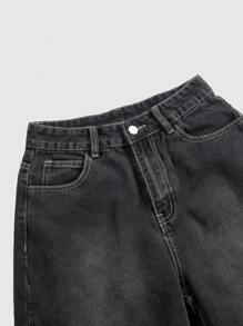 ROMWE Grunge Punk Quần short denim dáng rộng dành cho nữ với họa tiết thêu cổ điển, đầu lâu, cánh, dây leo, trường học - màu đen - Xem 4