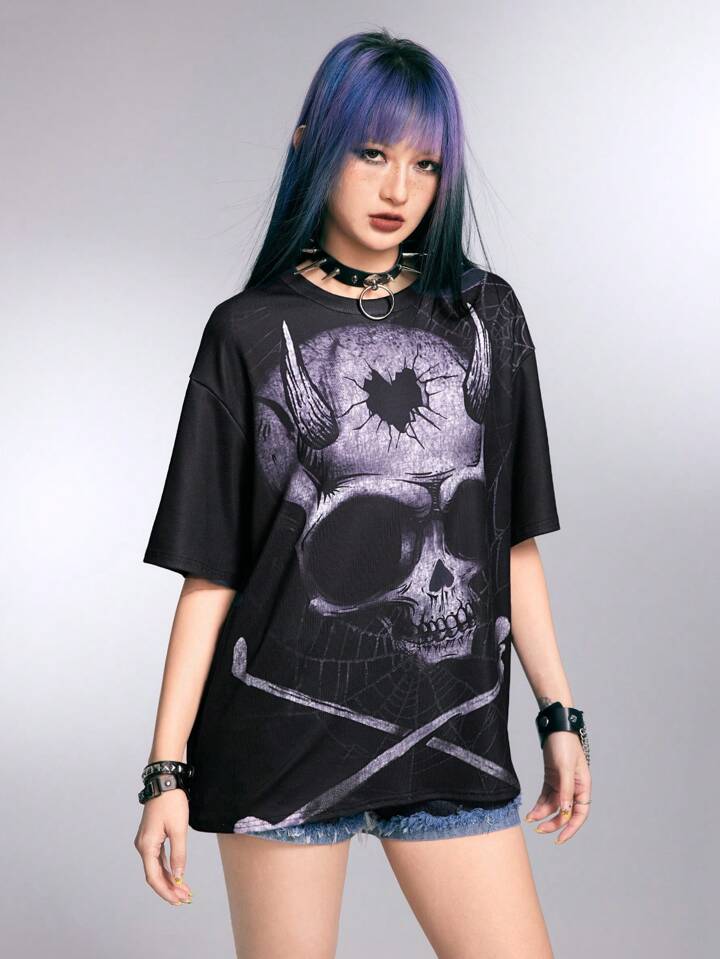 Our Grunge Punk Unisex Dark Rock Music Festival Skull Print Loose