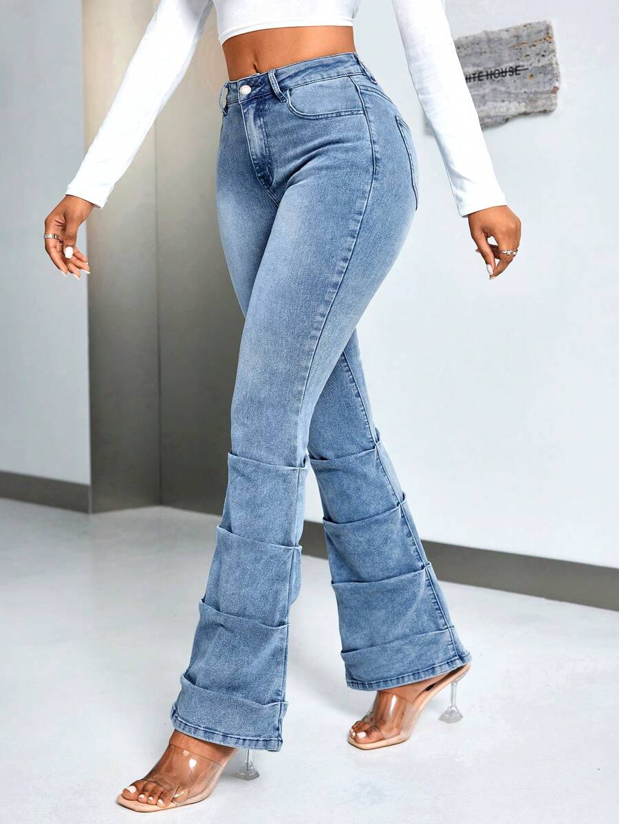 SHEIN SXY Pleated Flared Jeans - Medium Wash - View 1