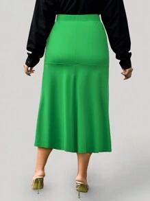SHEIN Clasi Plus Solid Mermaid Hem Skirt - Green - View 2