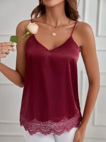 SHEIN Clasi 女士純色蕾絲拼接背心上衣 - 酒紅色 - 查看 1