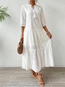 Breezaya Hollow Out Embroidered Dress With Bow Tie Collar And Ruffle Hem - White - View 6
