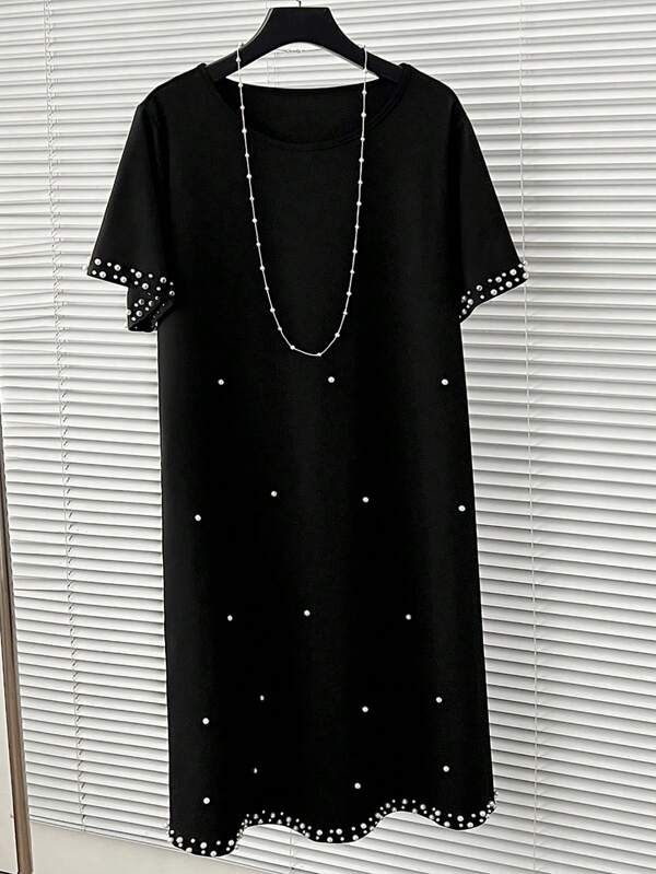 SHEIN Clasi Plus Size Beaded Decoration Round Neck Casual Dress