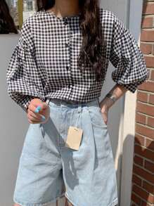 DAZY 女士宽松格纹圆领灯笼袖衬衫夏季 - 黑與白 - 查看 7