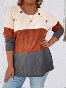 SHEIN LUNE Áo thun tay Raglan phối màu cỡ lớn có nút và họa tiết bất đối xứng dành cho nữ - Nhiều màu - Xem 3