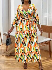 Calvaya Plus Allover Print Belted Dress - Multicolor - View 5