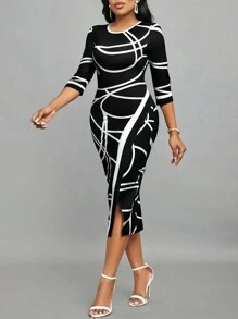 SHEIN Lady Office Dress Women's Color Block Striped Bodycon Dress - Black and White - View 5