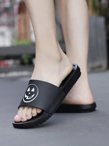 Men's Casual Open Toe Summer Slippers, Simple Black Color With Cartoon Ghosts Printed Contrast Color Eva Fashion Slides - Black - View 2