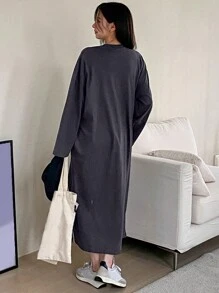 DAZY 女士长袖宽松字母印花长裙，秋装 - 深灰色 - 查看 2