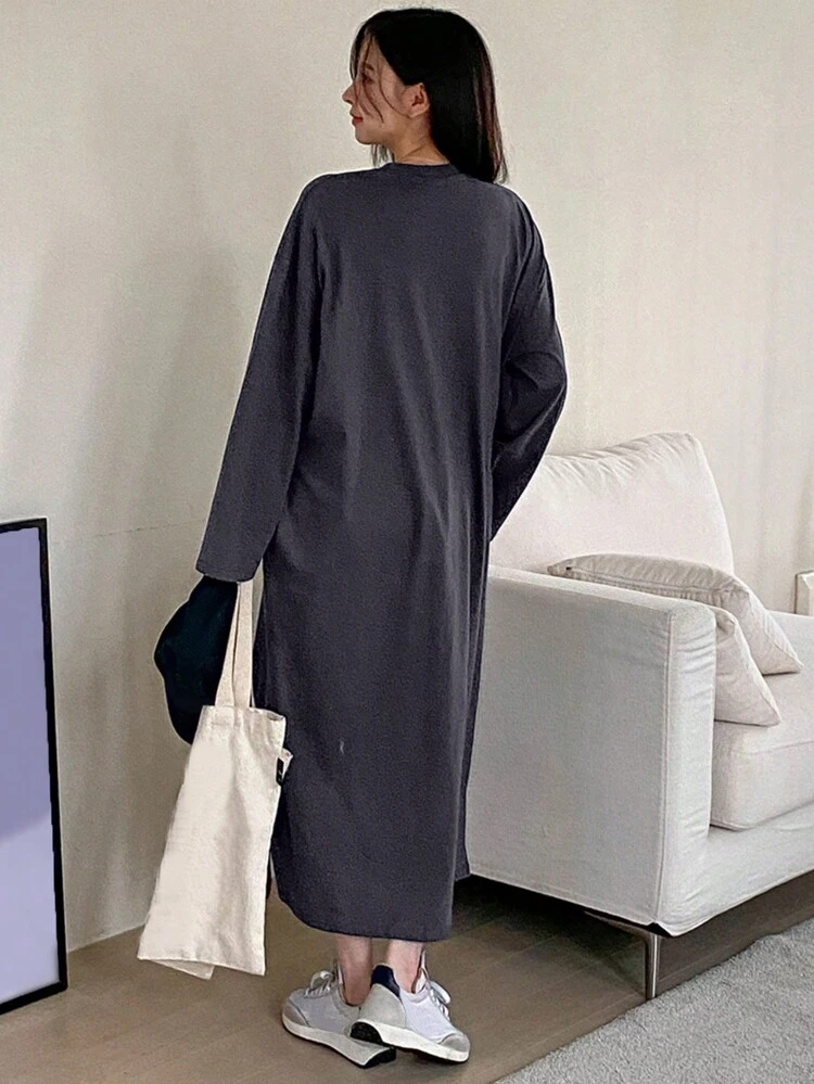 Ladies' Long Sleeve Loose Fit Long Dress With Letter Print,Fall Clothes Maxi Dress