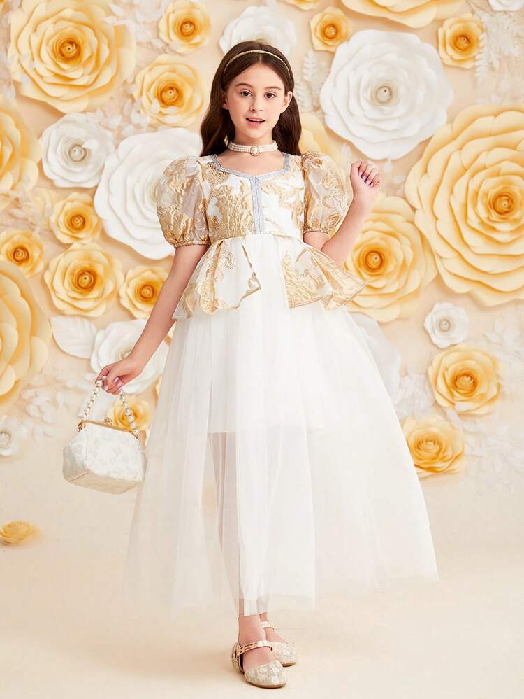 Tween Girls' Loose Cute Jacquard Mesh Round Neck Puff Sleeve Long Dress
