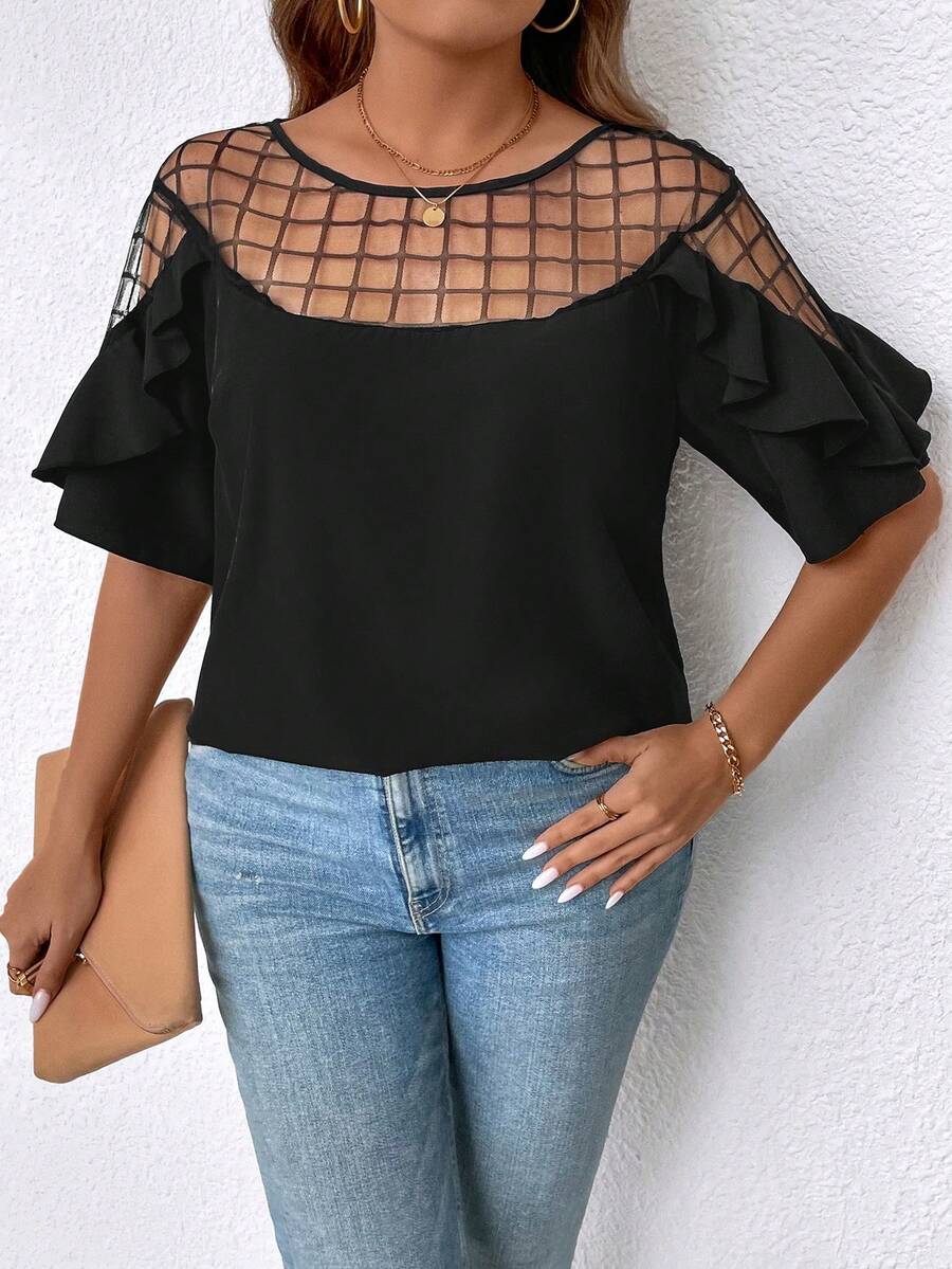 SHEIN Clasi 大码网眼撞色荷叶边衬衫 - 黑色 - 查看 1