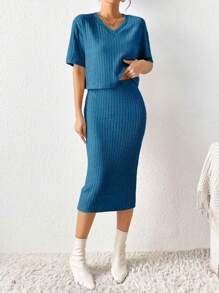 SHEIN Frenchy 落肩T恤&條紋針織半身裙