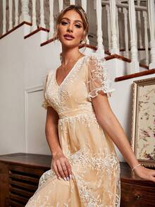 Simplee Vestido De Manga Corta De Malla Bordado Con Flores De Mujer - Blanco - Ver 4