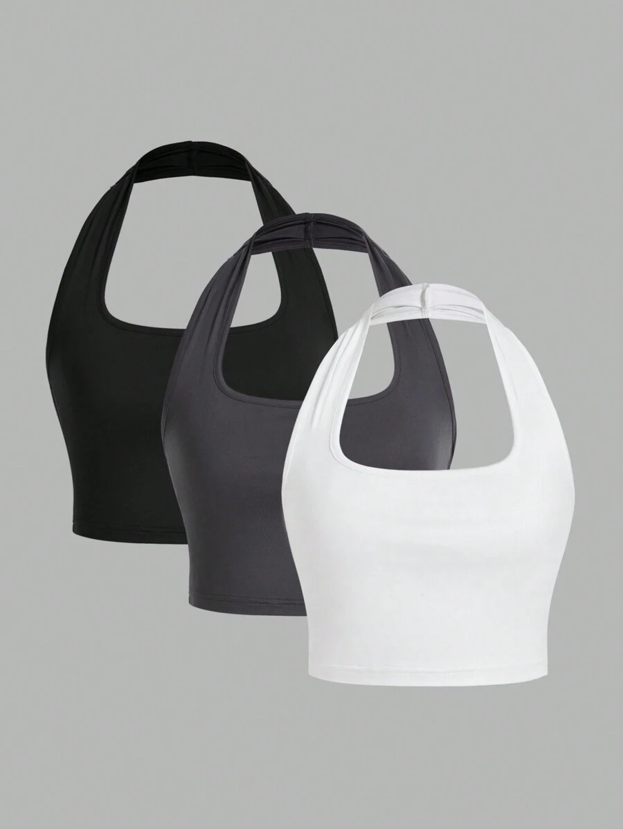 SHEIN EZwear 3 件套黑色、白色、灰色休闲短款露背背心，适合女士夏季穿着 - 彩色 - 查看 1