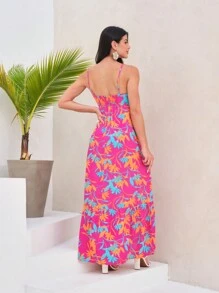 SHEIN Vestido longo feminino casual floral com alça fina em viscose - Multicolorido - Visão 2