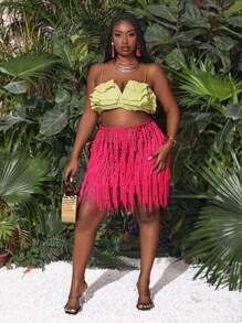 Slaydiva Plus Size Women's Fringed Hollow Out Knit Skirt
