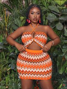 Slaydiva Women's Plus Size 2pcs/Set Vacation Casual Striped Halter Neck Crop Top And Skirt With Wave Pattern