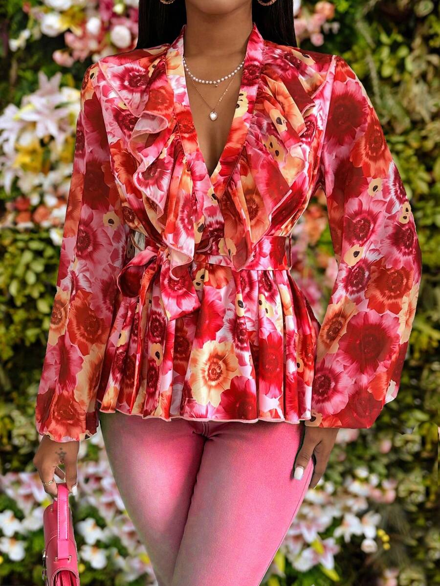 Zolique 女士長袖襯衫,褶邊設計 - 紅色 - 查看 1