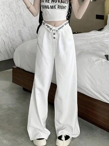 腰部折疊闊腿牛仔褲 - 白色 - 查看 4