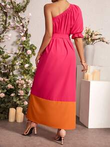 Breezaya Của phụ nữ Đúng mốt Thanh lịch Khối màu Cổ không đối xứng Váy có thắt lưng - Màu Hồng Tươi - Xem 2