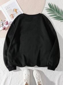 Maweii 女士加大码字母印花圆领卫衣，“发自内心”毕业季、返校季、教师秋冬套头衫 - 黑色 - 查看 2