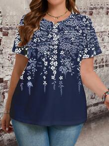 EMERY ROSE 大尺碼女士寬鬆圓領短袖T卹，春季花卉圖案設計 - 藍色 - 查看 4