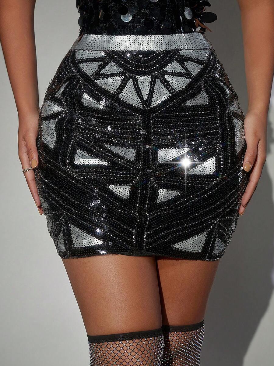 Rave Vintage High Waist Sparkling Contrast Sequin Geometric Graphics Party Clubwear Bodycon Mini Skirts - Black - View 1